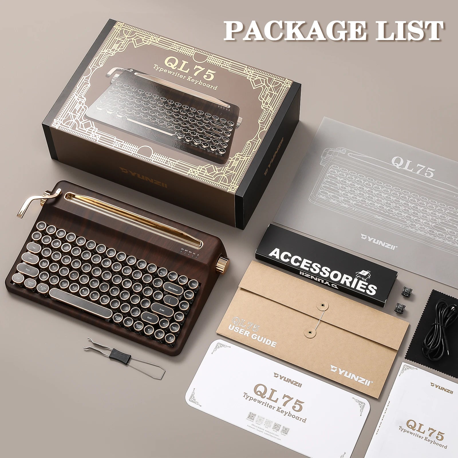 YUNZII QL75 Wood QMK/VIA Mechanical Keyboard, Retro Style RGB Wireless Mechanical Keyboard, Mac/Win Customizable, Gift Box Pack