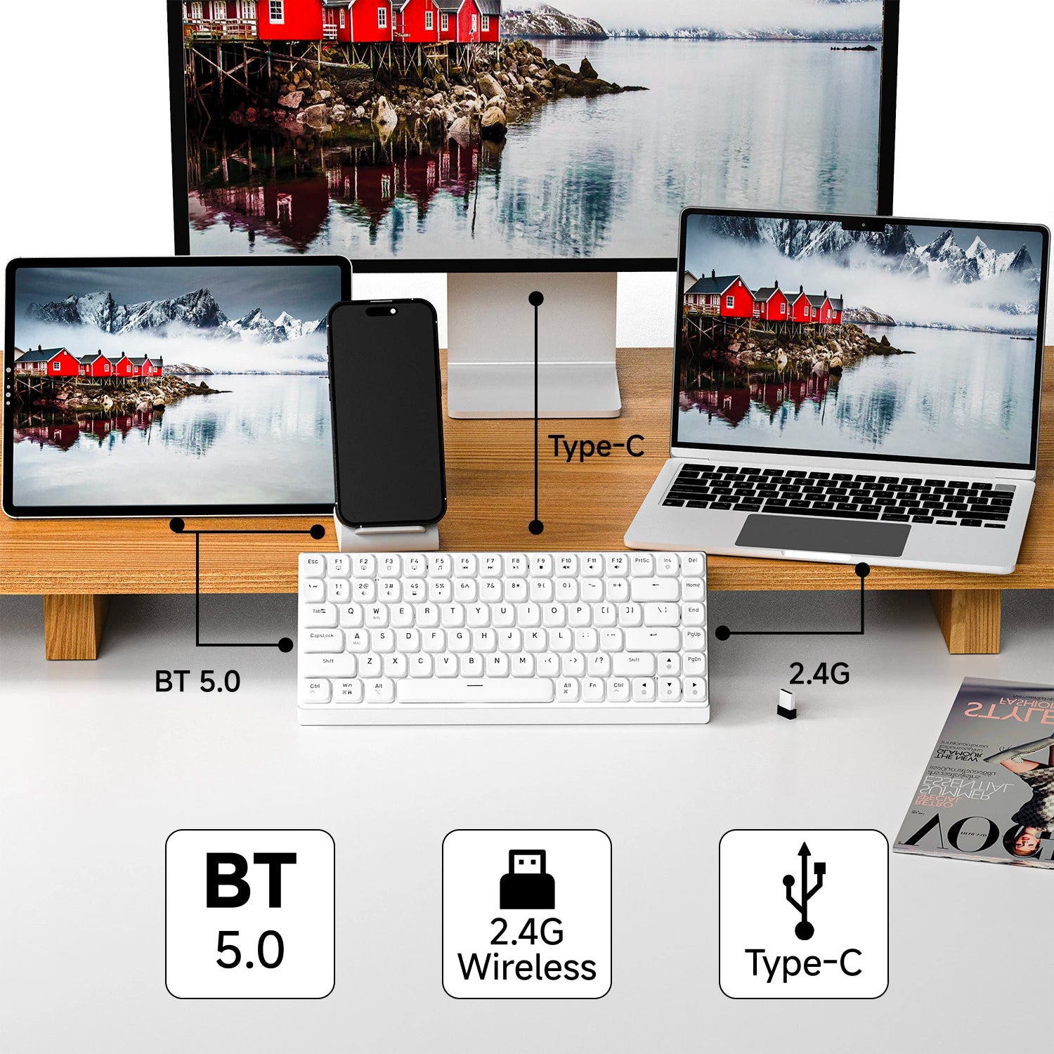 EWEADN 84 Keys Tri-Mode Low Profile Mechanical Gaming Keyboard, White Backlight, Ergonomic, for Office and Gaming, Laptop/PC