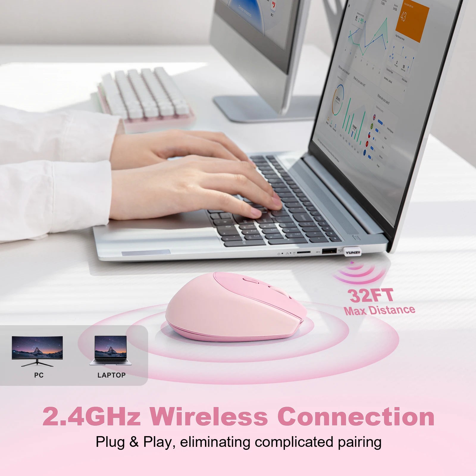 YUNZII C2 Silent Silicone Wireless Mouse, Cute Noiseless Computer Mice, Quiet Click, 3 Adjust DPI, Portable Ergonomic for Office