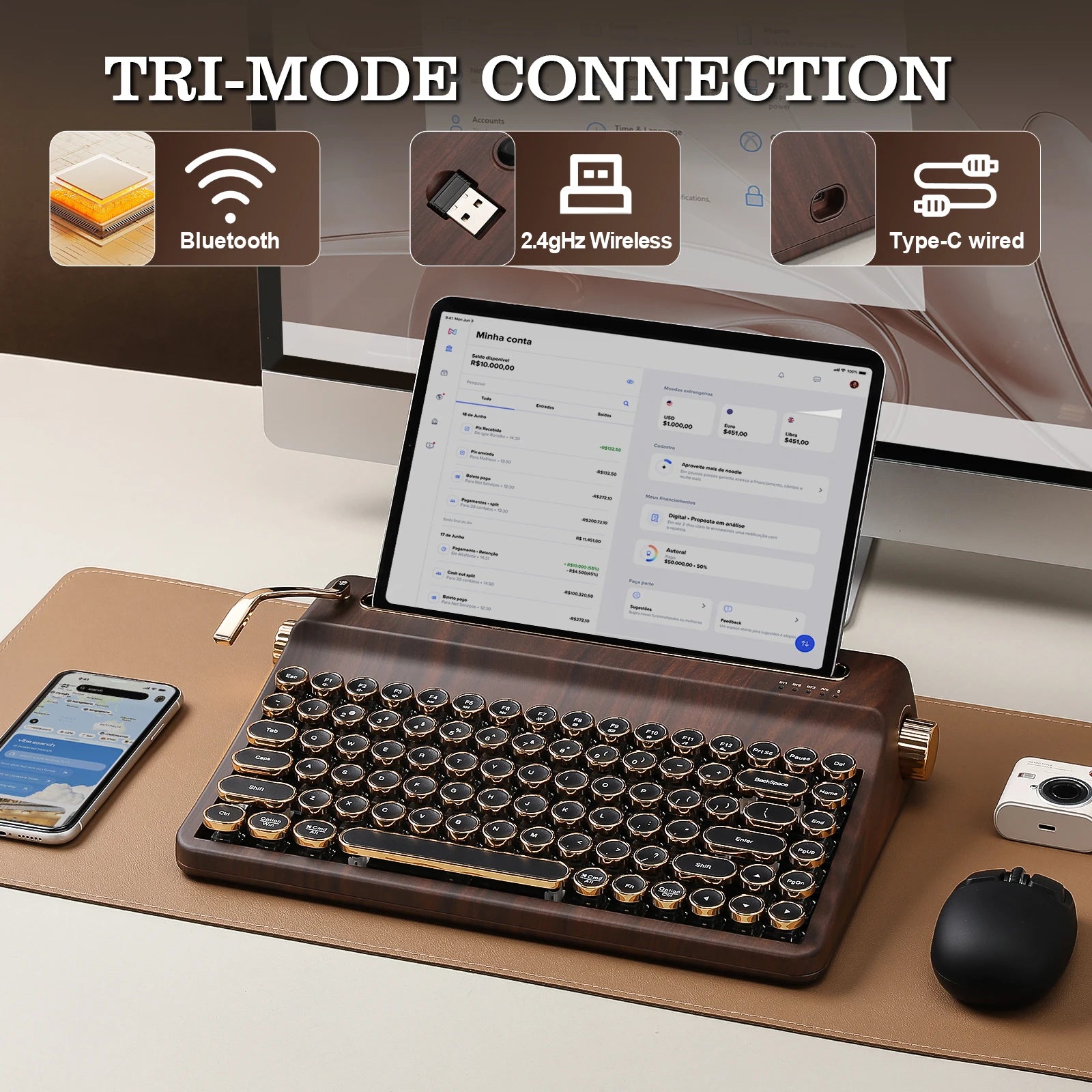 YUNZII QL75 Wood QMK/VIA Mechanical Keyboard, Retro Style RGB Wireless Mechanical Keyboard, Mac/Win Customizable, Gift Box Pack