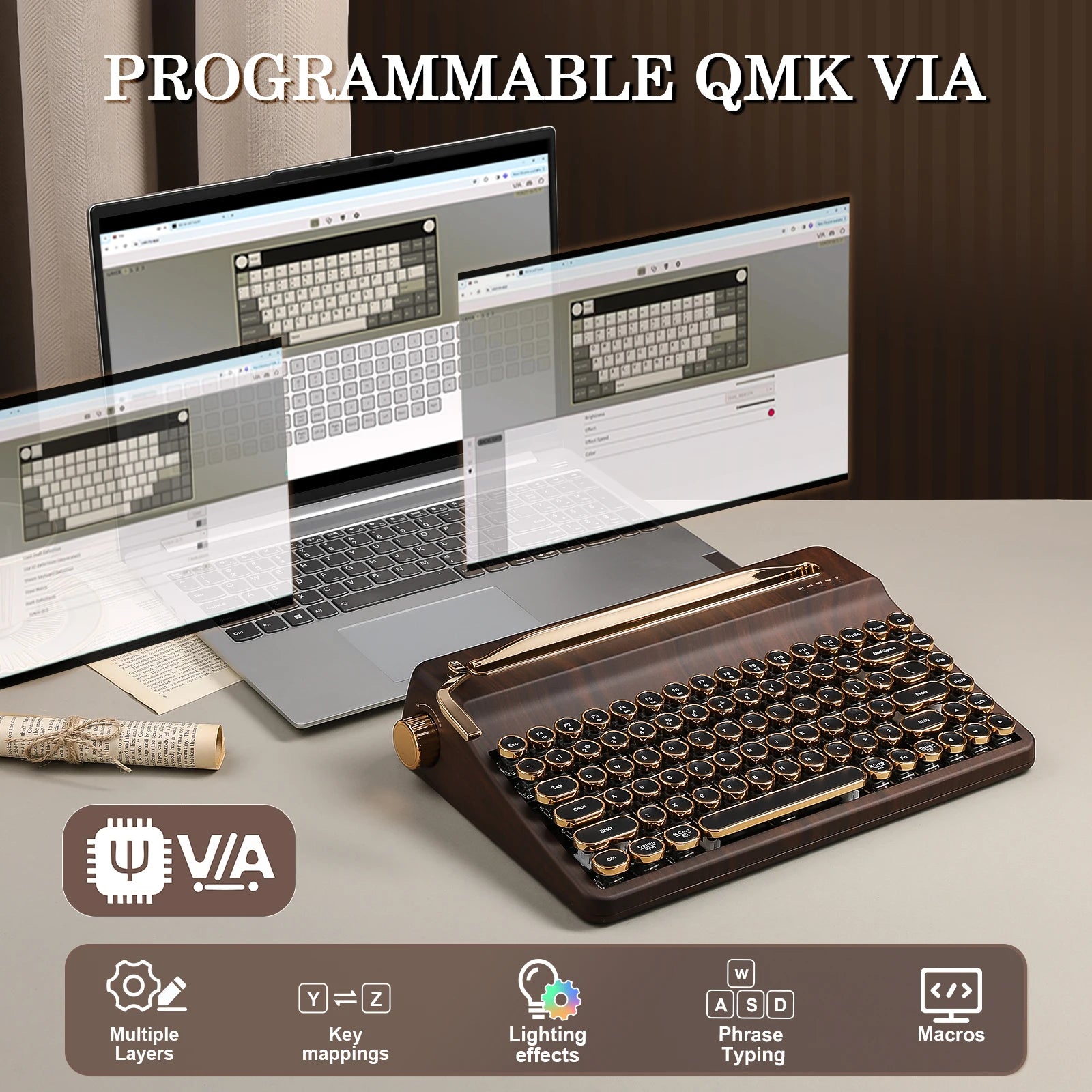 YUNZII QL75 Wood QMK/VIA Mechanical Keyboard, Retro Style RGB Wireless Mechanical Keyboard, Mac/Win Customizable, Gift Box Pack