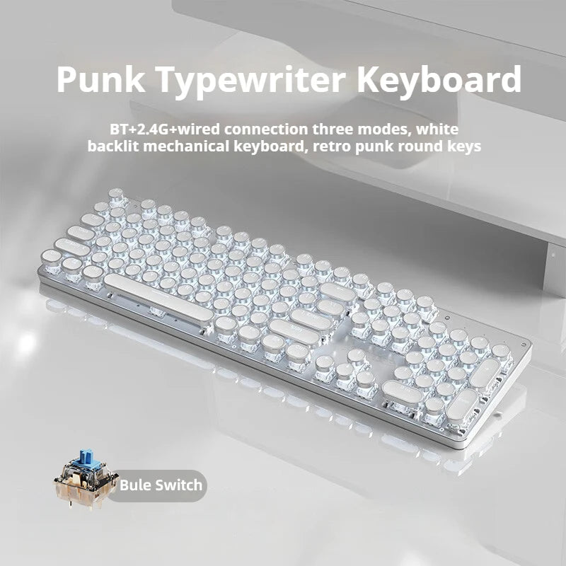 EWEADN Tri-Mode Retro Typewriter Mechanical Keyboard, 104 Keys, Metal Panel, Round Keycaps, White, Ergonomic for Office/Gaming
