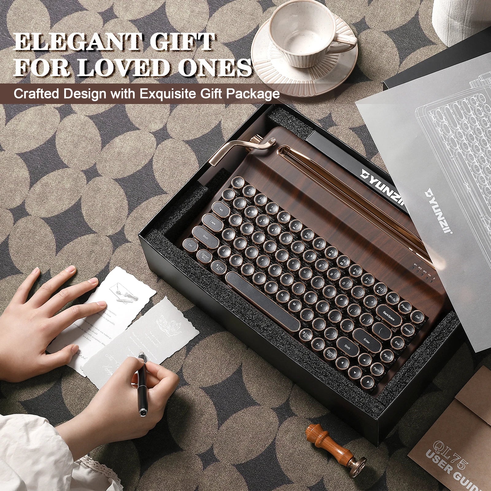 YUNZII QL75 Wood QMK/VIA Mechanical Keyboard, Retro Style RGB Wireless Mechanical Keyboard, Mac/Win Customizable, Gift Box Pack