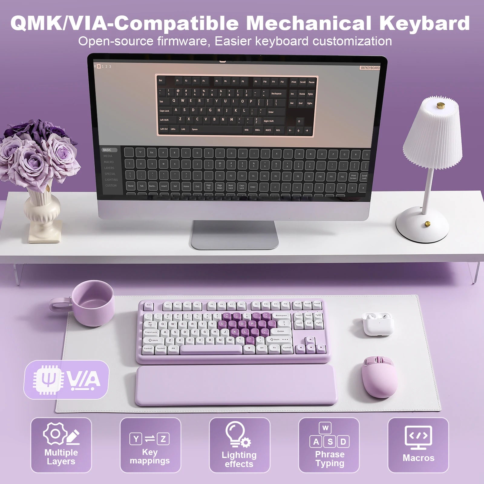 YUNZII B87 Heart Wireless Mechanical Keyboard, QMK/VIA Custom RGB Gaming Keyboard, Beauty Aesthetic Keeb, Wrist Rest for Win/Mac