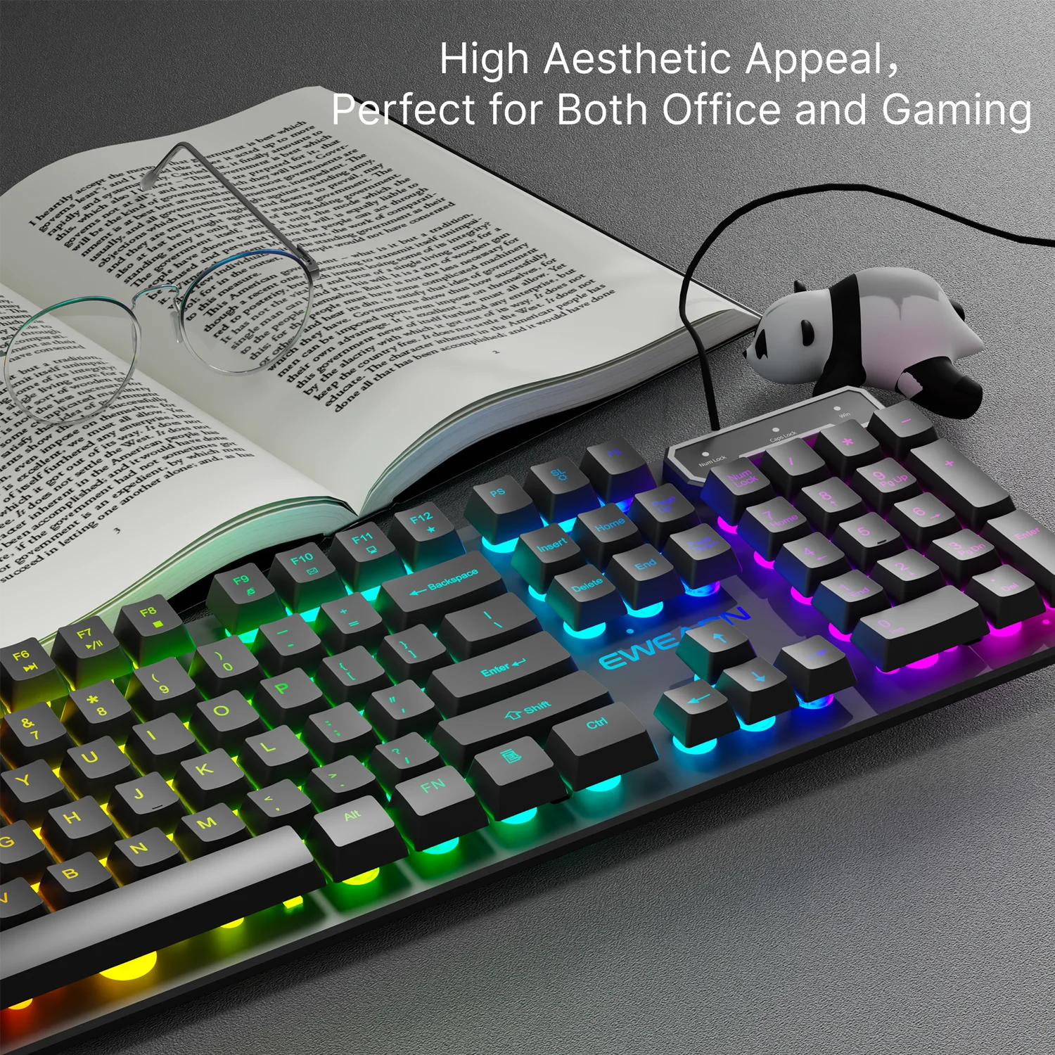 EWEADN GX30Z Wired Gaming Keyboard Silent, 104 Keys Full Size LED Rainbow Backlit, Numeric Keys, Game, Office, Windows Laptop PC
