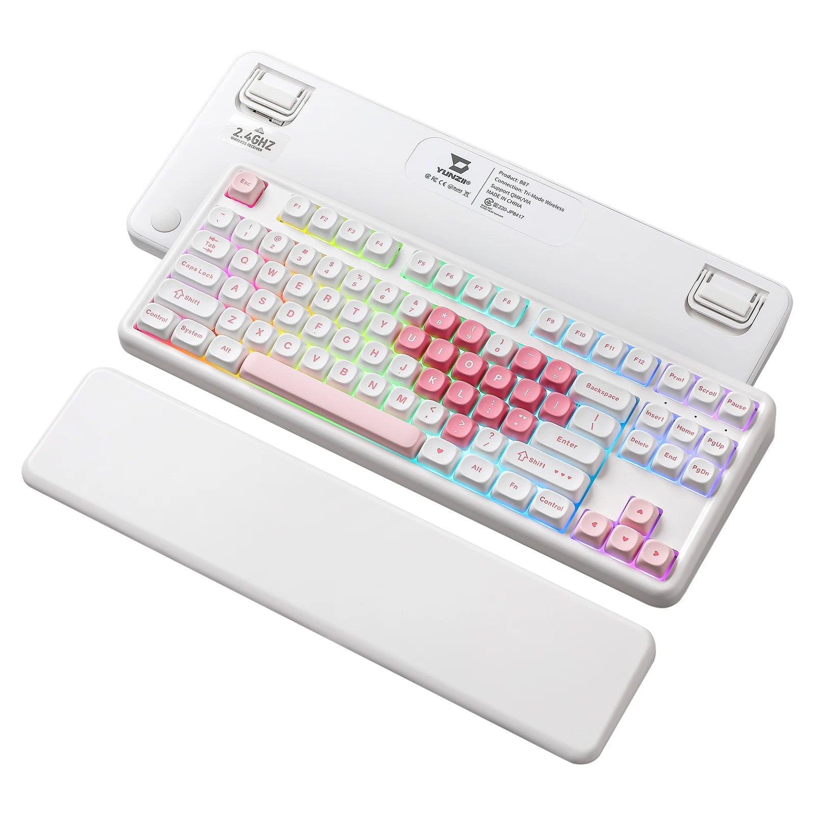 YUNZII B87 Heart Wireless Mechanical Keyboard, QMK/VIA Custom RGB Gaming Keyboard, Beauty Aesthetic Keeb, Wrist Rest for Win/Mac