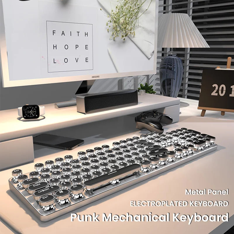 EWEADN TK950 Tri-Mode Ergonomic Gaming Keyboard, Blue Switch, Retro Typewriter Style, 104 Keys, for Windows/Mac Users
