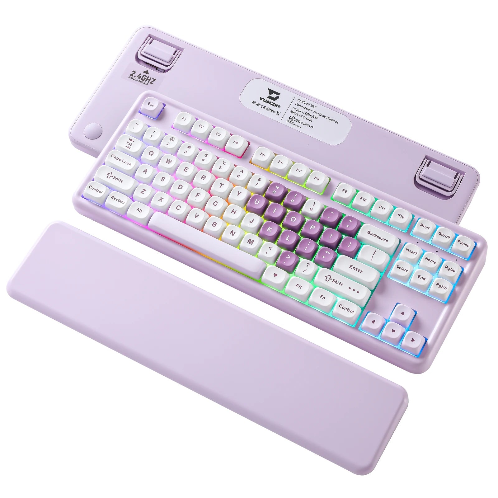 YUNZII B87 Heart Wireless Mechanical Keyboard, QMK/VIA Custom RGB Gaming Keyboard, Beauty Aesthetic Keeb, Wrist Rest for Win/Mac