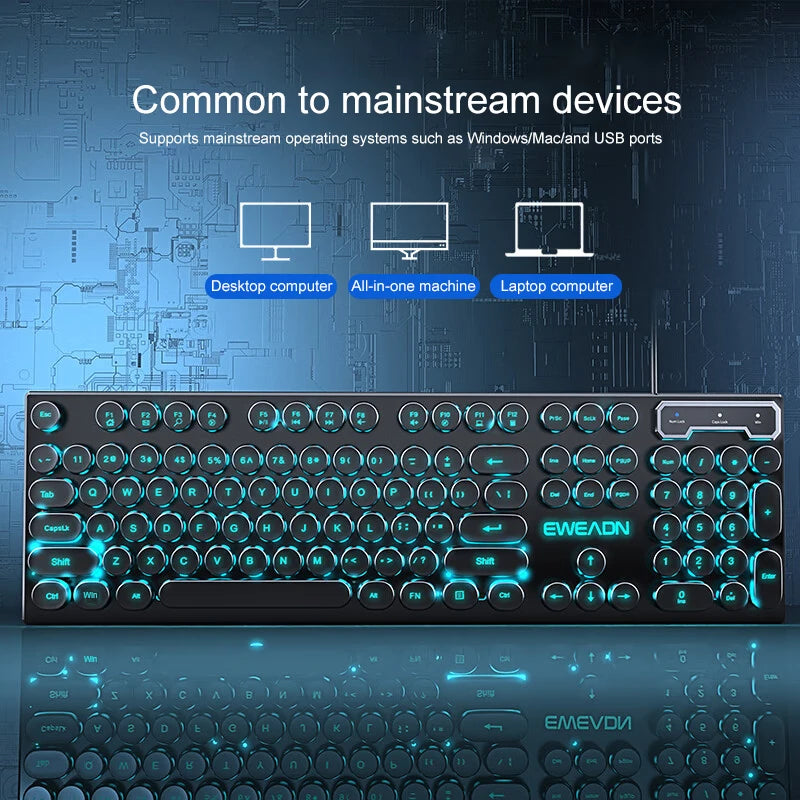 EWEADN Typewriter Gaming Keyboard, 104 Keys, Retro Punk Round Keycaps, Blue Backlight, USB Wired, for Windows PC/Laptop