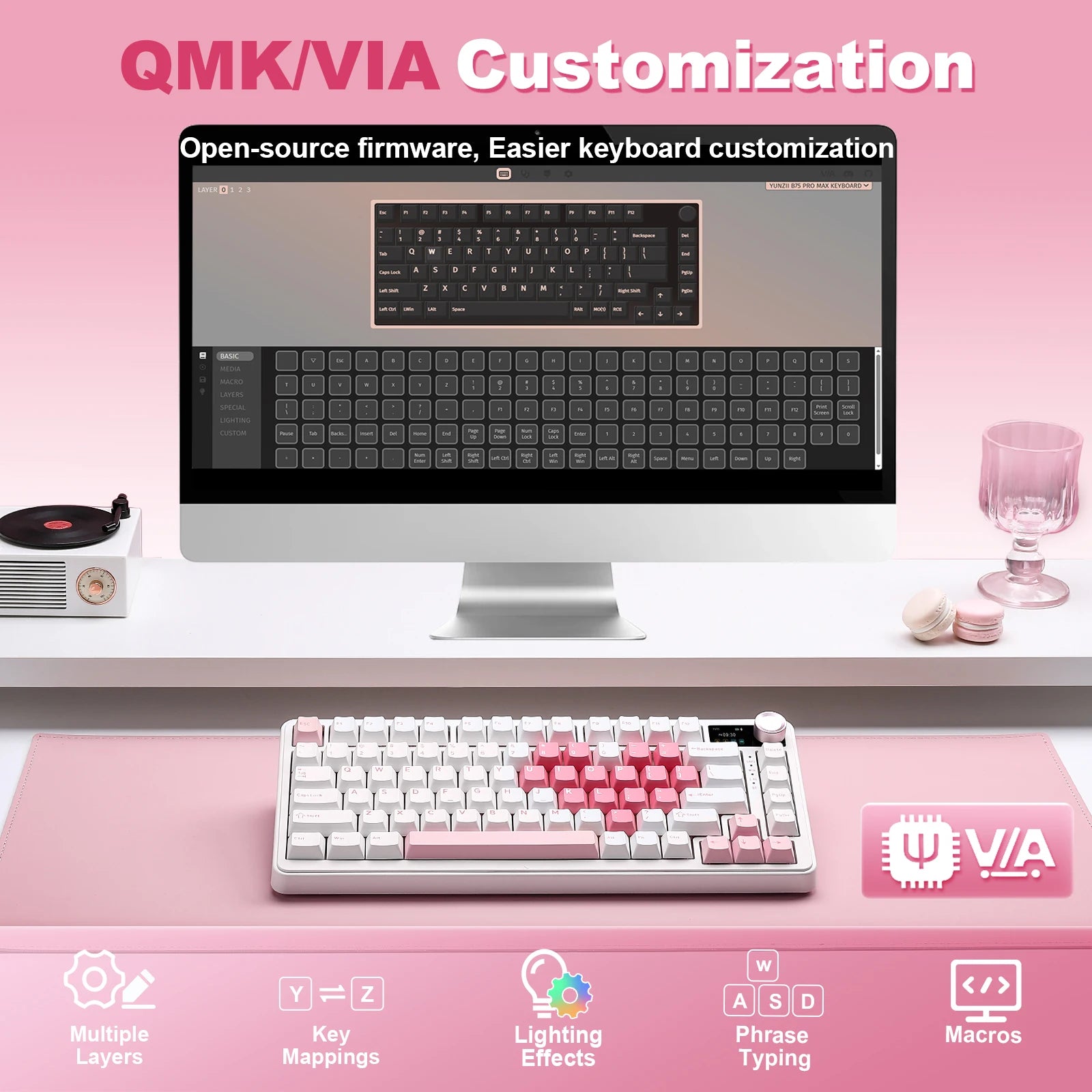 YUNZII B75 PRO MAX Wireless Mechanical Keyboard, QMK/VIA Custom 75% Gaming Keyboard with Screen&Knob, Creamy Sounds for Win/Mac