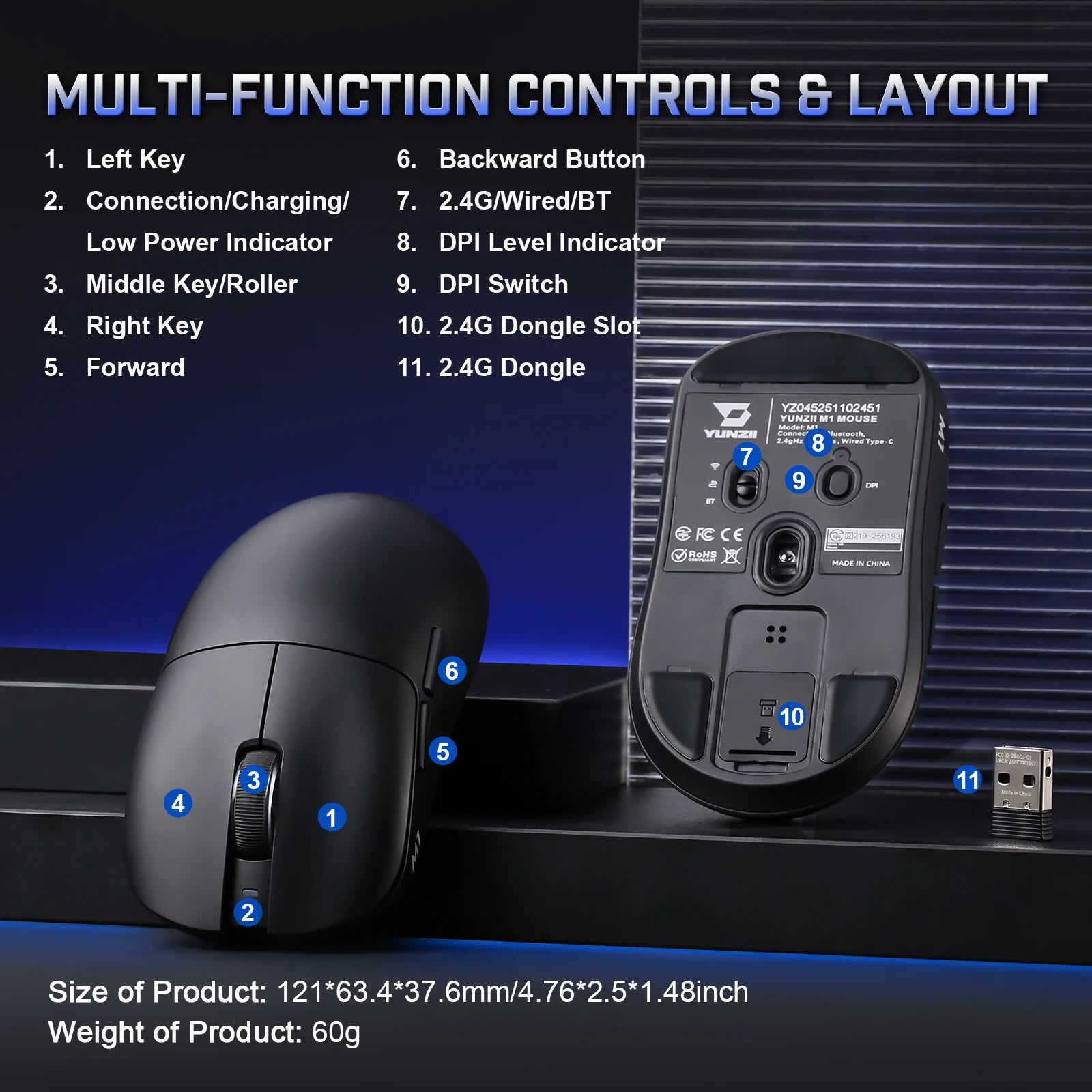 YUNZII M1 Wireless Gaming Mouse,Tri-Mode Lightweight Custom Mice,PAW3311 Sensor 10000DPI Rechargeable Wireless Mouse for Win&Mac