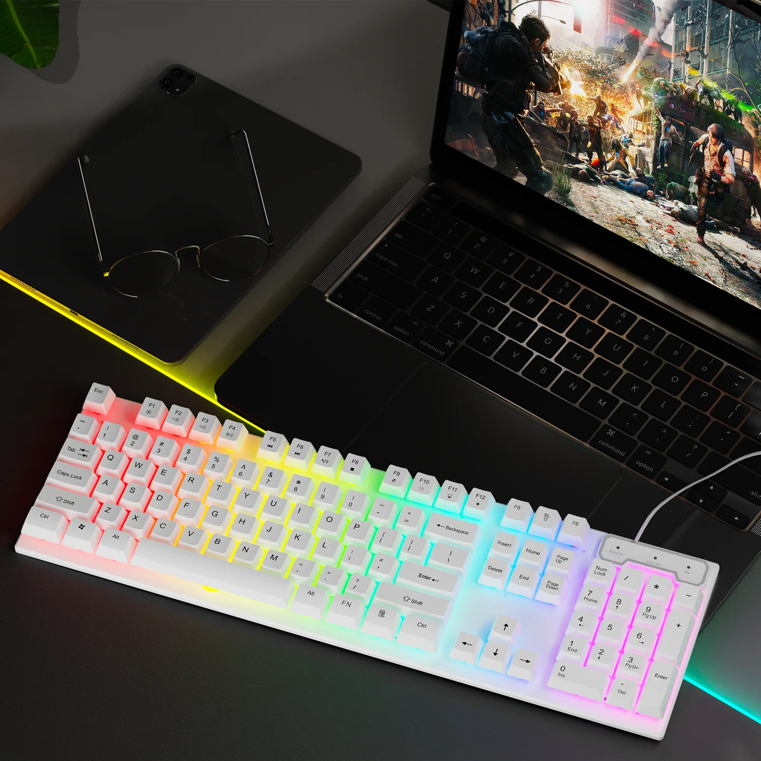 EWEADN GX30Z Wired Gaming Keyboard Silent, 104 Keys Full Size LED Rainbow Backlit, Numeric Keys, Game, Office, Windows Laptop PC