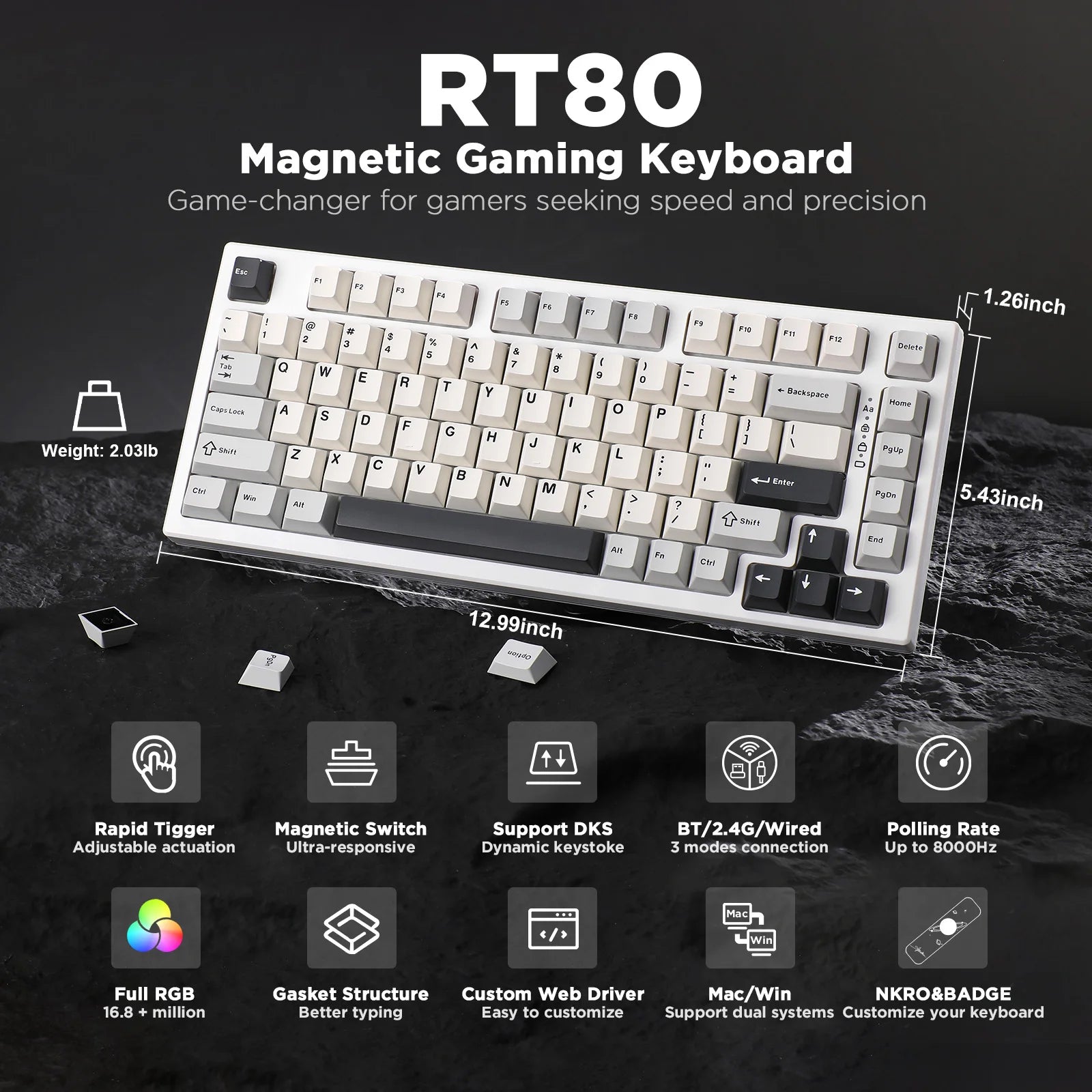 YUNZII RT80 White 8K Wireless Rapid Trigger Mechanical Gaming Keyboard, Hot-Swap Hall Effect 75% Custom Actuation Magnetic Keeb