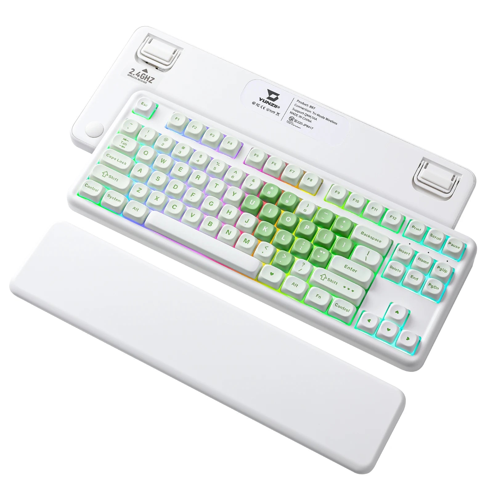 YUNZII B87 Heart Wireless Mechanical Keyboard, QMK/VIA Custom RGB Gaming Keyboard, Beauty Aesthetic Keeb, Wrist Rest for Win/Mac